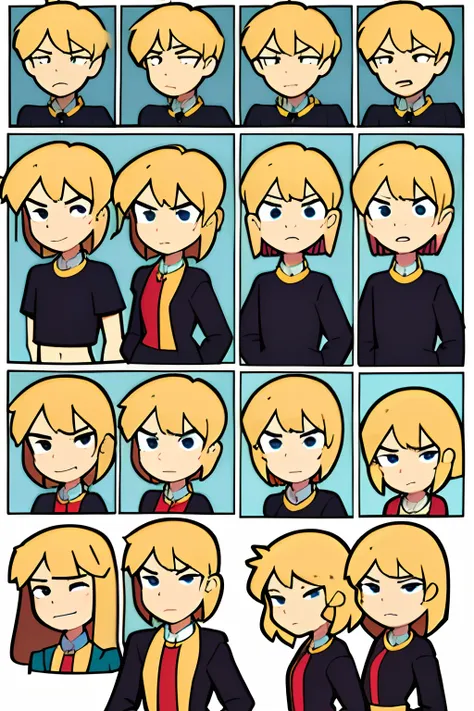 blonde hair teenager with Small flat chest. (Character art sheet: 1.5),  (10 or more facial expressions same character: 1.5)