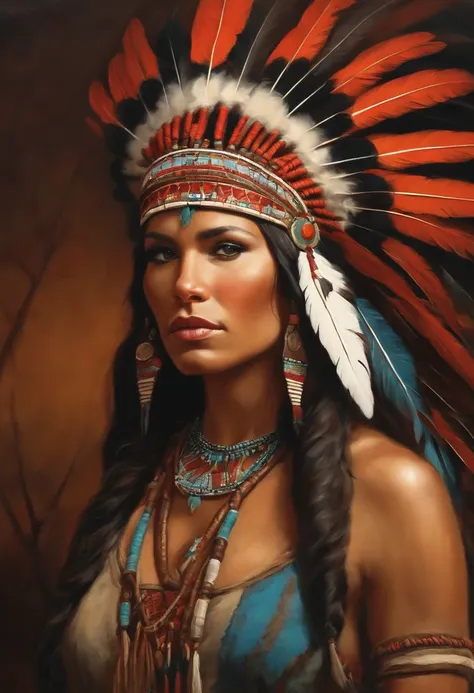 Christophe Young style; Award-winning bust，A beautiful woman wearing a Native American headdress, Native Americans on horseback in the background  : Native American Shameon Fantasy, native american art, Native American, Local art, native american warrior, ...