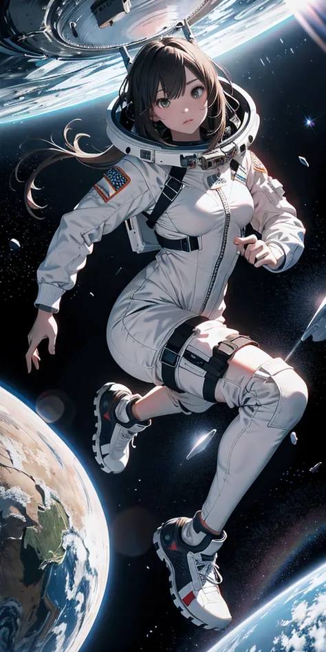 Absurd resolution, high resolution, (masterpiece:1.4), ultra-detailed, 1girl, in spacesuit, seen from above, space, floating, satellite, running pose, wide-angle lens distortion