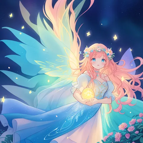 beautiful girl in flowing ballgown dress, (glowing fairy wings), glowing flowing ballgown, long wavy hair, sparkling fairy wings, watercolor illustration, flowers and colorful plants, inspired by Glen Keane, inspired by Lois van Baarle, disney art style, b...