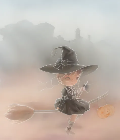 A painting of a little girl in a witchs costume flying on a broomstick，in a halloween style, The little witch wears a long cloak，A jack-o-lantern hangs from the front of the broom，There was a black cat lying on his stomach in the rear