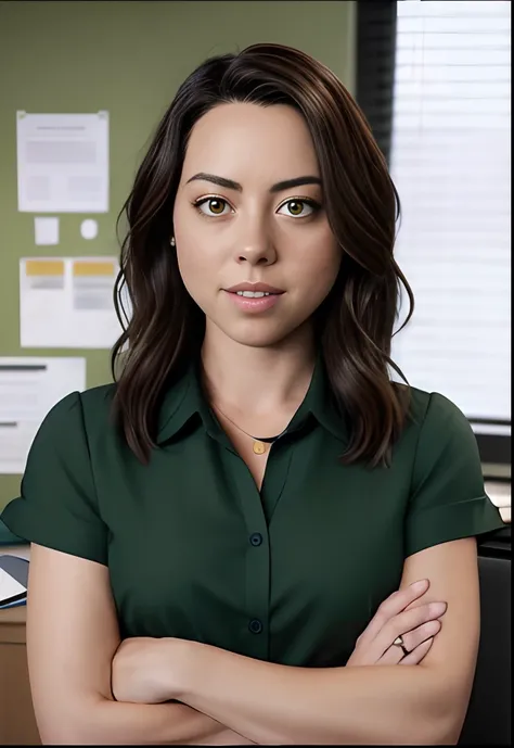 masterpiece, lifelike full body image of AubreyPlaza, wearing a green blouse with the top button missing, photo realistic, highly detailed, detailed face, forced smile, fake smile, looking scared like she’s being threatened, dramatic lighting, detailed eye...