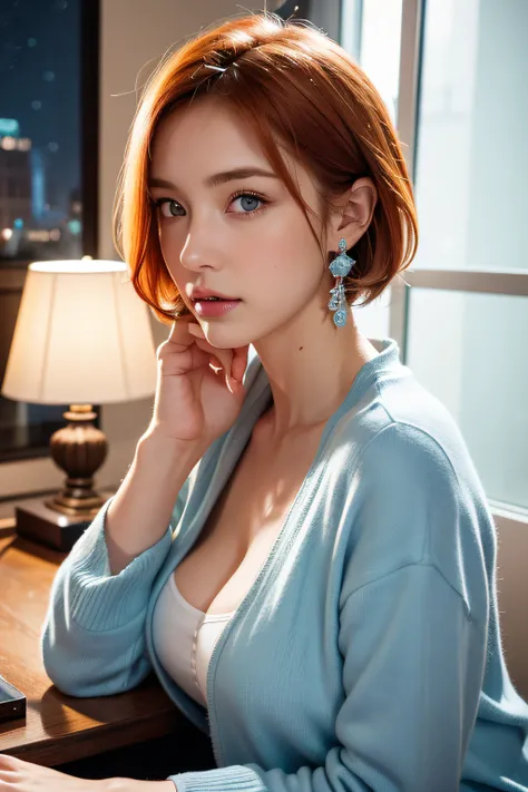 Best Quality, (masutepiece:1.2), Illustration, absurderes, (1girl in, Solo), (Beautiful detailed girl), ((Upper body, Portrait)),, Neck Macmillan, Short hair, Orange hair, Blue eyes, medium breasts, Blue Crystal Earrings, White jacket, , Cool, Calm, Lookin...