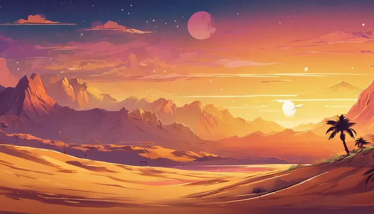 Yellow sand in the sky，The backdrop is night，The sky is full of stars，A Esfinge，digital landscape art, Detailed Scenery - Landscape Art, environment design illustration, scenery art detailed, Desert oasis landscape, Conceito-Arte, Arte digital altamente de...