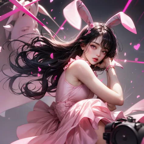 a women, pink bunny ears, black hair, pink eyes, pink dress