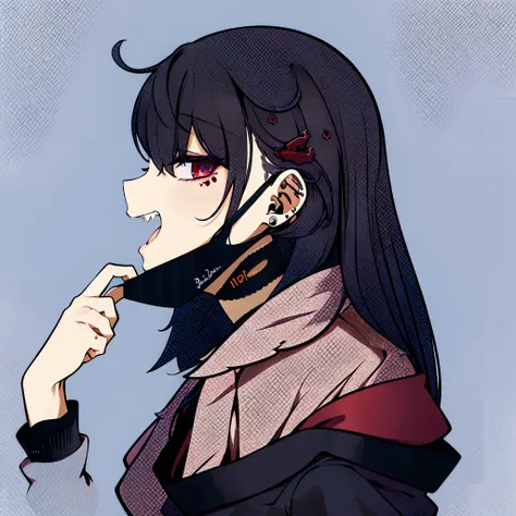 1girl, female vampire, vampire, cloak, mouth mask, from side, fangs, piercing, ear piercing, stud earrings, jirai kei, red eyes,...