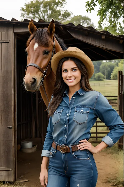 "Descreva uma mulher deslumbrante com cabelos loiros curtos, usando um estilo country. Shes wearing leather boots, a pair of distressed jeans and a plaid shirt that enhances her slender figure. His sun-tanned skin and cowboy hat blend perfectly with the ru...