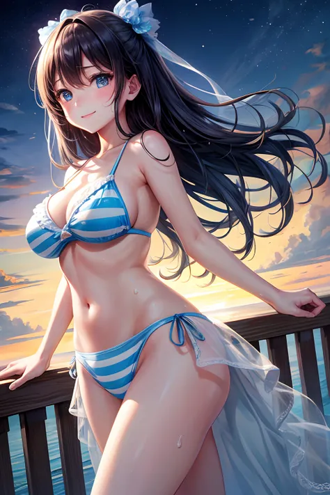 hight resolution, top-quality,  ultra-quality, The ultra-detailliert, lighting like a movie、Touching the parapet of the bridge、Light blue stripes々Girl in patterned bikini、breasts of medium size、Wearing sweat、A dark-haired、a smile、