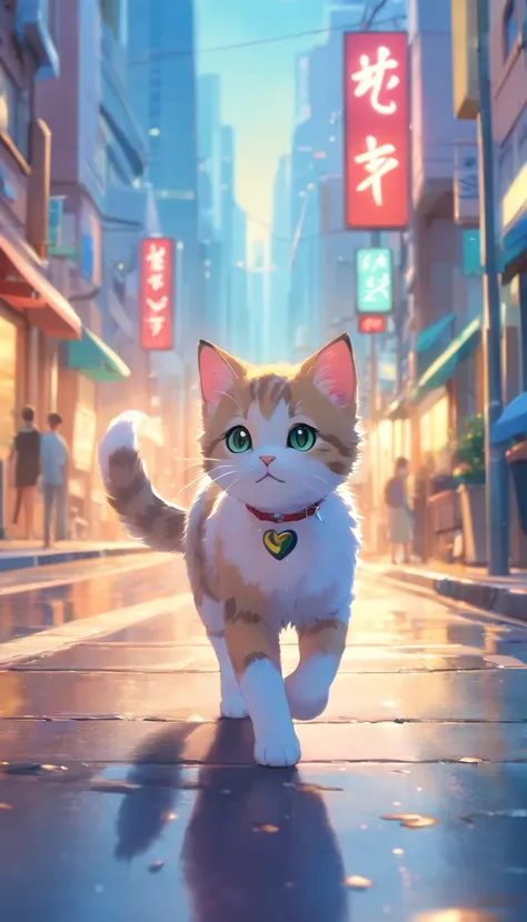 **[cutecore, Tiny cores, The heart of nature] A cute kitten walking in the street, Looks fun, Pixar style eyes