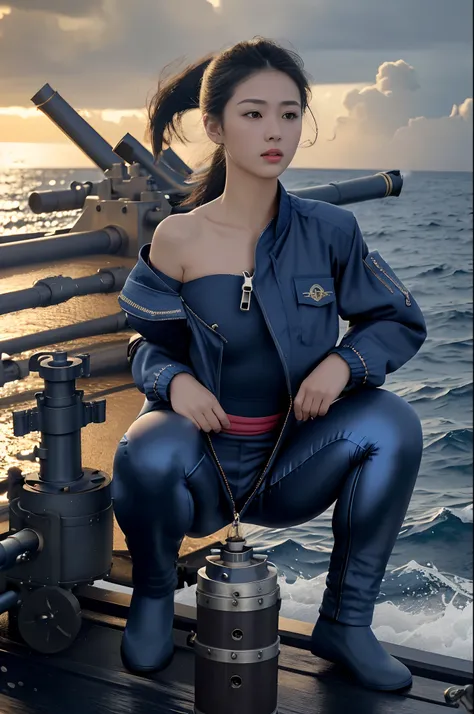 [((on ship deck,1 beautiful girl,Extremely exquisite facial details,short ponytail,Big watery eyes,small face,pale and flawless skin,Exquisite makeup,(Navy Blue zipped-up jacket:1.3),(navy blue pants:1.3),slim,alert,(Holding a giant cannon barrel with both...