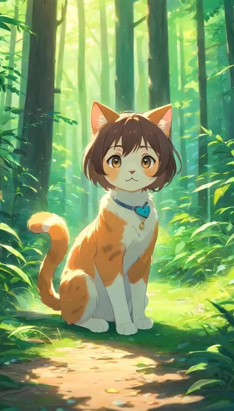 **[cutecore, Tiny cores, The heart of nature] cute little cat, ln the forest, Playing with the, Looks fun, Pixar style eyes