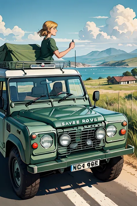 A sideview of a cartoonish Land Rover Series III 109, side view, sage color, running on savanna, running fast, cartoonish watercolor, window down showing the driver, driver is an excited young blonde girl,