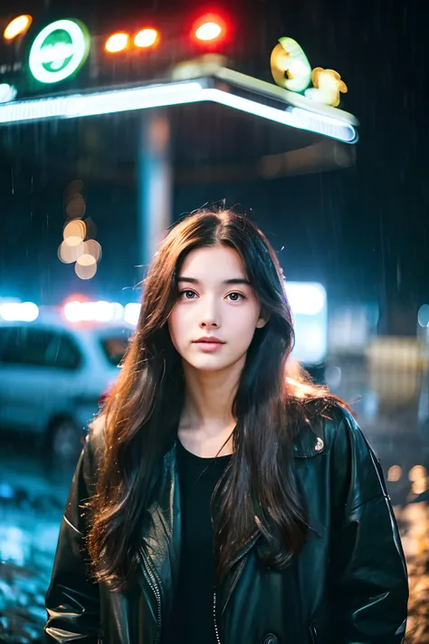 20-year-old girl, long whitr hair, Rain dripping down your hair, on the body, The background is rainy, streetview.