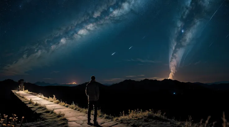 A man stands in front of the stars， hyper-detailing，8k，