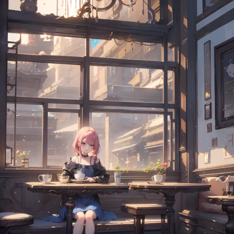 there is a woman sitting at a table in a restaurant, Chisato Nishikigi, lycoris recoil, mysterious coffee shop girl, in a coffee shop, sitting in a cafe alone, sitting in a cafe, sitting alone in a cafe, coffee shop, enjoying coffee at a coffee shop, pleas...