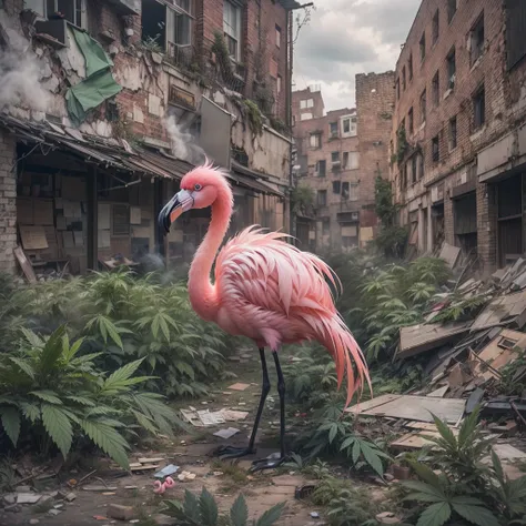 Flamingo covered in marijuana wearing a BLACK flat cap hat is SMOKING MARIJUANA in the middle of the abandoned city