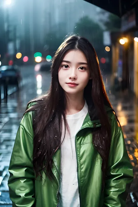 20-year-old girl, long whitr hair, Rain dripping down your hair, facing to the viewer,  The background is rainy, streetview.