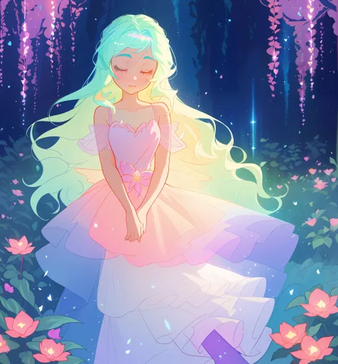 beautiful girl in flowing tiered layered ballgown dress, fairy dress, fairy queen, magical forest background, (glowing fairy wings), glowing flowing ballgown, long wavy hair, sparkling fairy wings, watercolor illustration, flowers and colorful plants, insp...