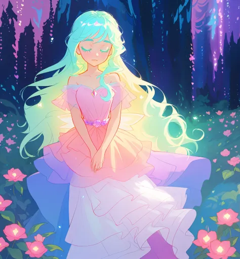 beautiful girl in flowing tiered layered ballgown dress, fairy dress, fairy queen, magical forest background, (glowing fairy wings), glowing flowing ballgown, long wavy hair, sparkling fairy wings, watercolor illustration, flowers and colorful plants, insp...