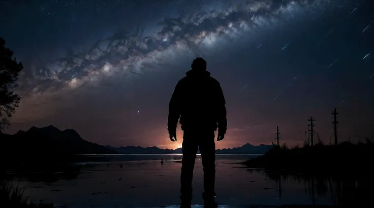 A man stands in front of the stars， hyper-detailing，8k，