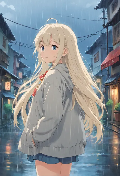 20-year-old girl, long whitr hair, Rain dripping down your hair, on the body, The background is rainy, streetview.