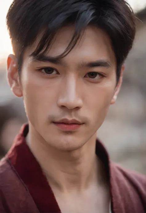 (((A deep red wound streaked across his left cheek))) Fair complexion, A Korean man around 20 years old, Black hair, Eye-popping, , hunk, Handsome, Candlelight in a medieval setting, super sharp focus, realistic lens, Four colors (Scar:1.4)