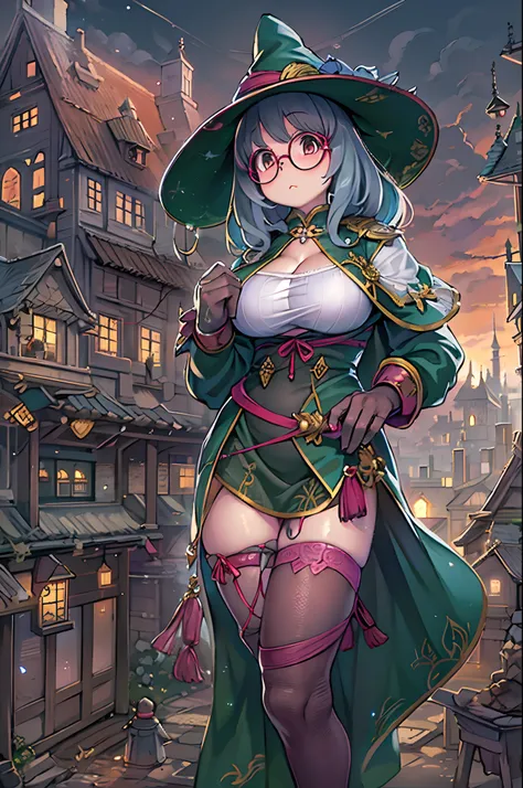 Fantasy,magic power,Realistic Girl Witch、bbw、huge-breasted、Anime style、Round glasses、Medieval cityscape