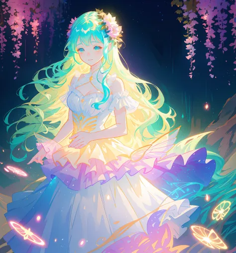 beautiful girl in flowing tiered layered ballgown dress, fairy dress, fairy queen, magical forest background, (glowing fairy wings), glowing flowing ballgown, long wavy hair, sparkling fairy wings, watercolor illustration, flowers and colorful plants, insp...