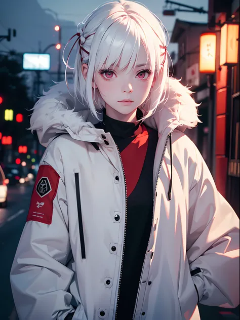 1girl,Albino, cute, white hair, short hair, beautiful, long hair,red eyes, wearing a parka jacket, hair with a ribbon,night light ((8k, UHD, ultra realistic))