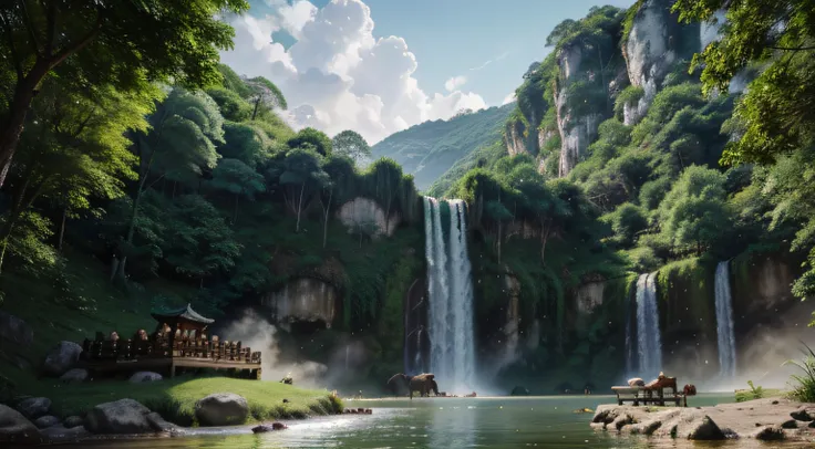 Chinese ancient times, spring, jungle, lake, cave, waterfall, tree, meadow, rock, deer, hot spring, water vapor, epic composition, realistic lighting, HD details, masterpiece, best quality, (very detailed )