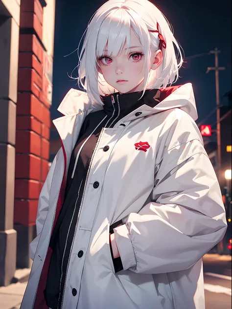 1girl,Albino, cute, white hair, short hair, beautiful, long hair,red eyes, wearing a parka jacket, hair with a ribbon,night light ((8k, UHD, ultra realistic))