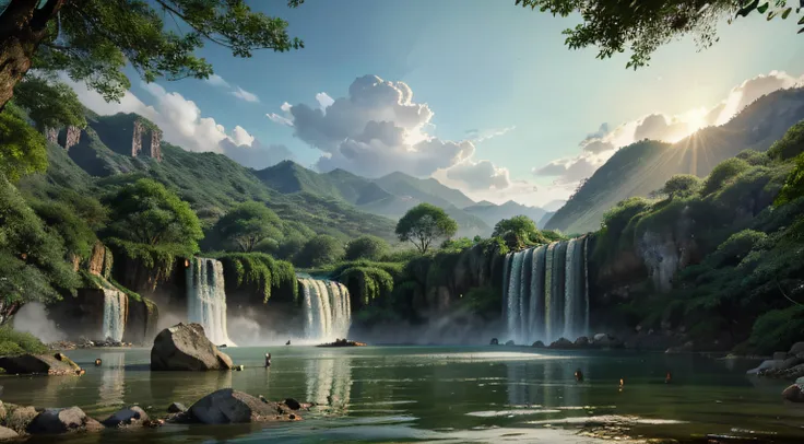 Chinese ancient times, spring, jungle, lake, cave, waterfall, tree, meadow, rock, deer, hot spring, water vapor, epic composition, realistic lighting, HD details, masterpiece, best quality, (very detailed )