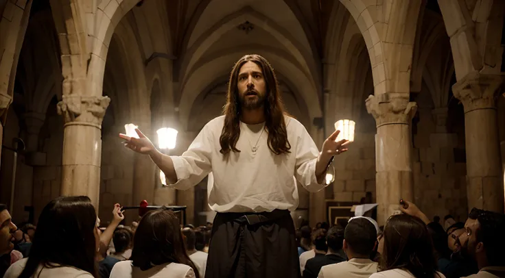 Jesus Christ preaching his teachings to the people of Jerusalem, with professional cinematic style and natural light