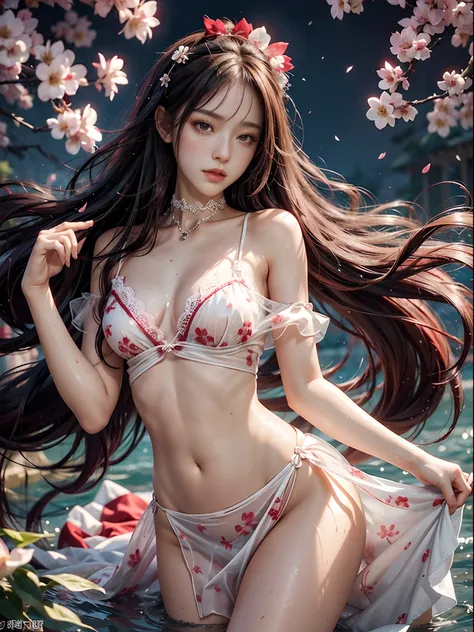 Loose clothing、cropped shoulders、Red and bright string dress、How to wear a brightly colored dress、Decorated with intricate patterns and bright colors、transparent materials，Makes skin shiny、The art depicts the dresses of seductive women wearing wet cloth an...