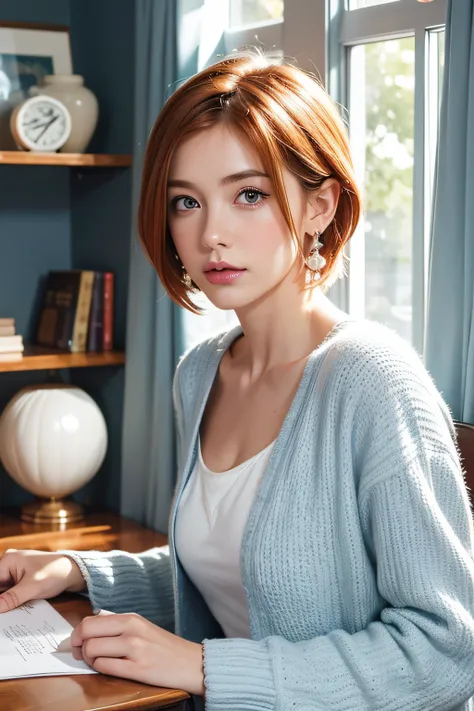 Best Quality, (masutepiece:1.2), Illustration, absurderes, (1girl in, Solo), (Beautiful detailed girl), ((Upper body, Portrait)),, Neck Macmillan, Short hair, Orange hair, Blue eyes, medium breasts, Blue Crystal Earrings, White jacket, , Cool, Calm, Lookin...