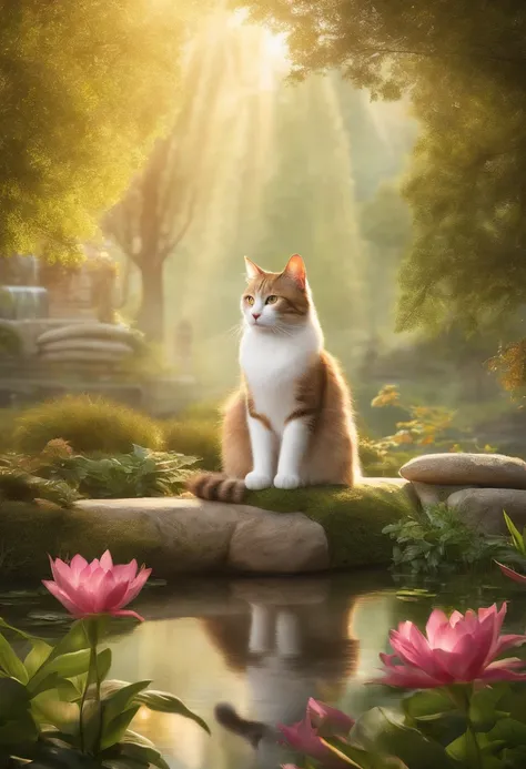 A guru cat sitting in a serene garden, meditating with its eyes closed. The cats eyes are beautifully detailed, revealing a sense of wisdom and spirituality. Its fur is silky smooth, with a mix of light grey and white tones. The cats body is nicely groomed...