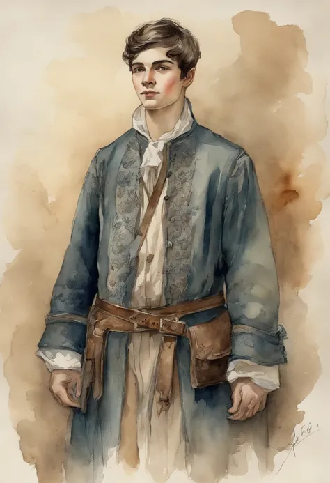 vintage watercolor painting,fine line drawing,aged appearance, comic style, 14 years old boy, European aristocracy, short wavy black hair parted in the middle, leather brestplate, sorcerers robe, Full body shot, artistic drawing