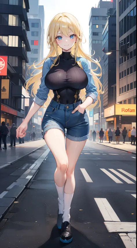 a beauty girl，(blonde with blue eyes)，(21st century)，modern urban，(Youth and liveliness)，tightsuit，denim short，(White knee-length socks)，Stand on the road，(A sea of people)，Background a lot of people，(With a smile)，(huge tit)