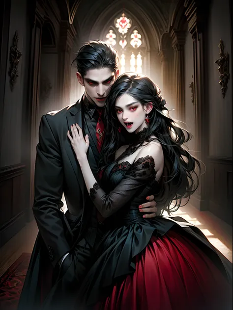 (masterpiece, best quality:1.2), vampire, couple of vampire, with black hair, red eyes, (fangs), black clothes, the man wear for...