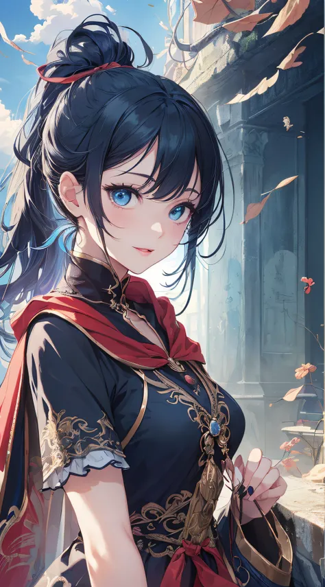 top-quality、Top image quality、​masterpiece、girl with((cute little、18year old、Best Bust、Medium bust、Bust 85,Beautiful blue eyes、Breasts wide open,Ponytail with black hair、A slender、Blue hair mesh、white t-shirts,red cloak、falda corta,Laugh、Leaning forward、le...