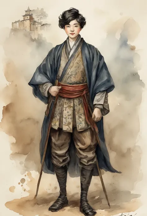 vintage watercolor painting,fine line drawing,aged appearance, japanese comic style, 14 years old boy, European aristocracy, short wavy black hair parted in the middle, leather brestplate, sorcerers robe, Full body shot, artistic drawing