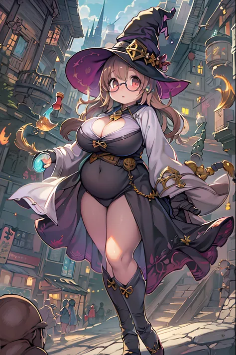 Fantasy,magic power,Realistic Girl Witch、(bbw:1.4)、huge-breasted、Anime style、Round glasses、Medieval cityscape、Ultramammy