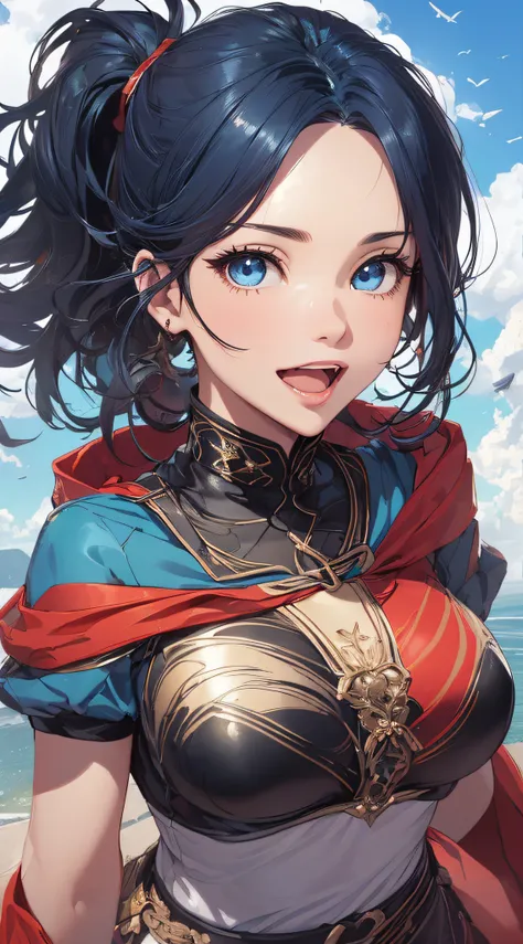 top-quality、Top image quality、​masterpiece、girl with((cute little、18year old、Best Bust、Medium bust、Bust 85,Beautiful blue eyes、Breasts wide open,Ponytail with black hair、A slender、Blue hair mesh、white t-shirts,red cloak、falda corta,Laugh、Leaning forward、Fl...