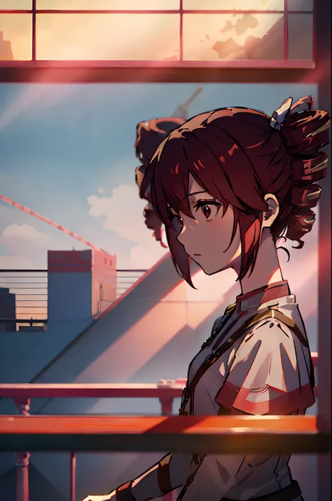 1girl, solo, Teto, kasane teto, red eyes, twin drill hair, standing, balcony, cityscape, cinematic lighting, high quality, ((masterpiece)), shinkai makoto, front facing, upper body