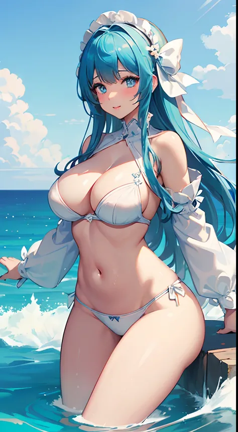 1 girl, Philfia Ingram, Solo, chest, looking_at_viewer, blush, mouth, lips, smile, bangs, light blue hair, light blue eyes, large_breasts, bow, ribbon, navel, cleavage, focus on breasts, taking one in her face, string, legs, thighs, on the face, in, blue u...