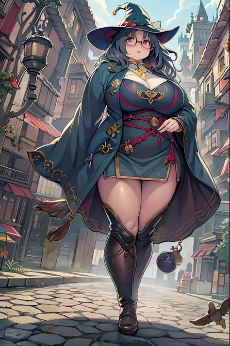 fantasy,magic power,realistic girl witch、(bbw:1.2)、huge-breasted、anime style、round glasses、medieval cityscape、ultramammy