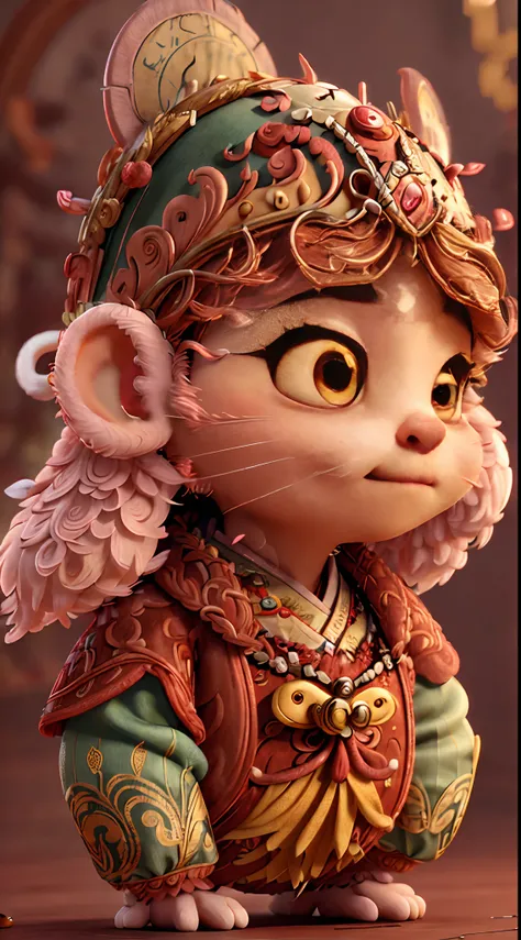 A mouse dressed in delicate and ornate red traditional Chinese costume，Delicate and fluffy hair，The expression is cute，Ultra-detailed details，Local close-up，ultra HD picture quality，blur backgroun