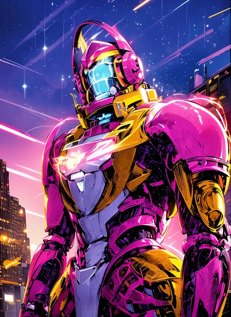 Close-up of robot in pink and yellow suit, Mecha suit, mecha art, mecha asthetic, girl in mecha cyber armor, neon armor, cool mecha style, neon scales and cyborg tech, Streamlined pink armor, dressed in light armor, in opal armor, intricate glowing mecha a...