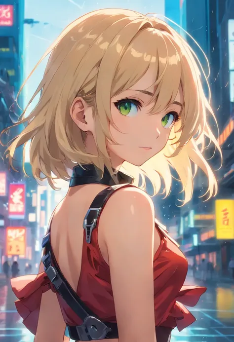 closeup photograph, Self-confident young cyberpunk with loose blonde and white hair, llevar una blusa roja con un cuello alto y volantes negros, a black corset with gold chains and a red skirt with black ruffles, en una calle empapada por la lluvia por la ...