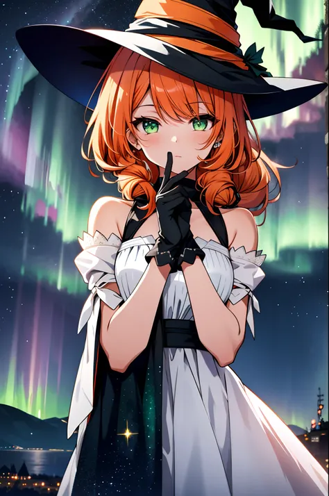 1girll, Solo, (Witch Hat), Orange hair,Glowing green eyes,Side Ponytail, Dress, Aurora, Night, Star (skyporn), mitts, skyporn, White Dress, night day